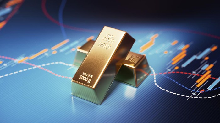 Gold bars sitting over blue financial bar graph. Selective focus. Horizontal composition with copy space. Stock market and finance concept.