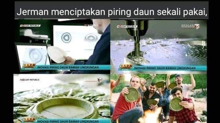Warga Jerman membuat inovasi piring dari daun yang dimaksudkan untuk mencegah limbah. Netizen Indonesia bangga karena nenek moyang kita sudah duluan praktikan hal tersebut.

Ialah Pedram Zolgadri dan Carolin Fiechter, mereka berinisiatif mendirikan perusahaan yang membuat piring daun yang mudah didaur ulang. Meski sudah cukup lama, yakni di tahun 2016, netizen Indonesia baru-baru ini membahasnya lagi khususnya di media sosial Twitter.