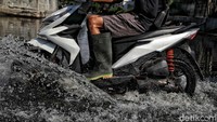 Pekerja menerobos banjir rob menggunakan sepeda motor. Aksi nekat ini akan mengakibatkan motor menjadi berkarat.