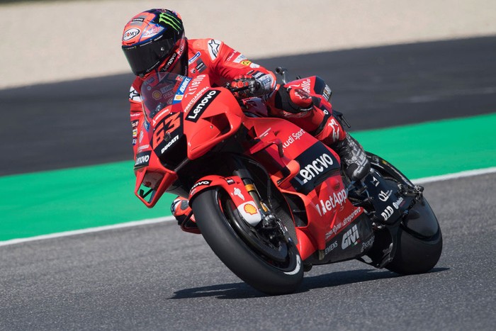 SCARPERIA, ITALY - MAY 28: Francesco Bagnaia of Italy and Ducati Lenovo Team rounds the bend during the MotoGP Of Italy - Free Practice at Mugello Circuit on May 28, 2021 in Scarperia, Italy. (Photo by Mirco Lazzari gp/Getty Images)