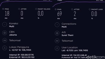 Perbandingan 5G (lokal) dan 5G (server luar negeri) di Pantai Indah Kapuk. Foto: Adi Fida Rahman/detikINET  