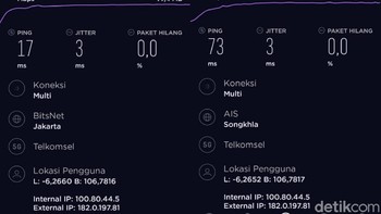 Perbandingan 5G (lokal) dan 5G (server luar negeri) di Pondok Indah. Foto: Adi Fida Rahman/detikINET    
