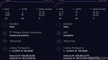 Perbandingan 5G (lokal) dan 5G (server luar negeri) di BSD. Foto: Adi Fida Rahman/detikINET  