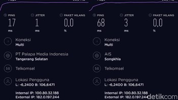 Perbandingan 5G (lokal) dan 5G (server luar negeri) di Alam Sutera. Foto: Adi Fida Rahman/detikINET  