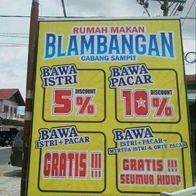 Ya bisa makan seumur hidup gratis sih tapi habis itu keluarga yang jadi taruhannya. Dijamin keluarga auto hancur karena promonya. Foto: Twitter/@nocontextwarung