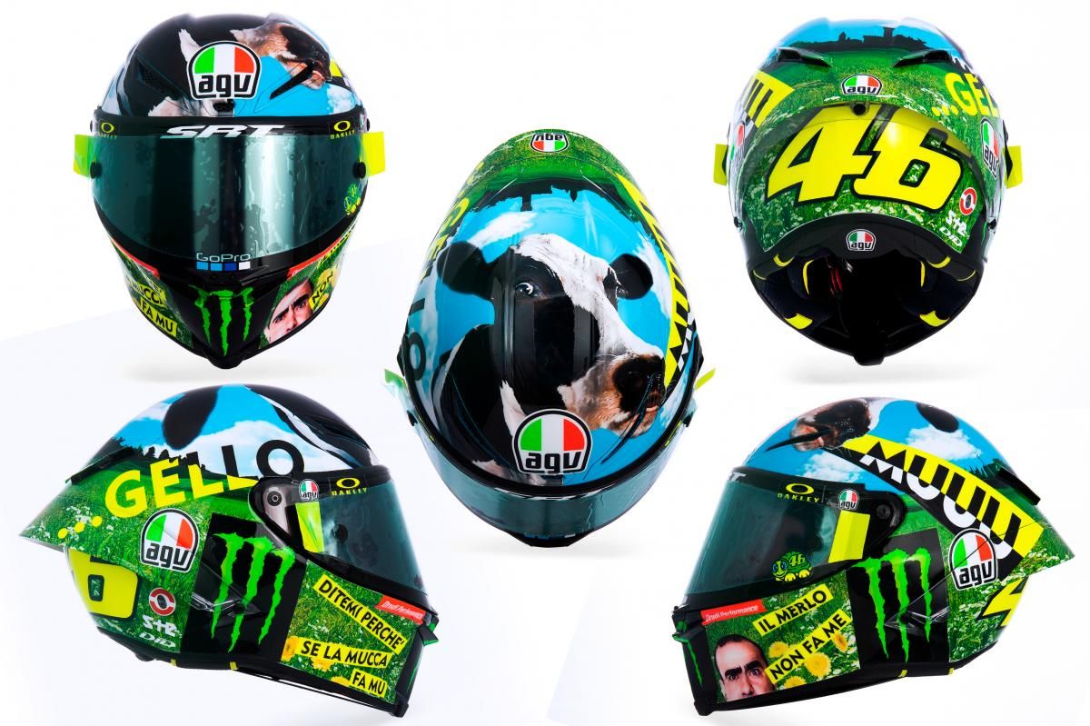 Helm bercorak sapi milik Valentino Rossi di MotoGP Italia 2021