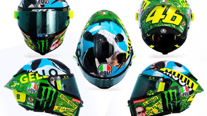 Helm bercorak sapi milik Valentino Rossi di MotoGP Italia 2021