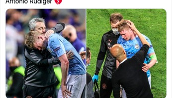 Kevin de Bruyne yang menangis karena cedera seolah mewakili perasaan para penggemar Chelsea. Foto: Twitter
