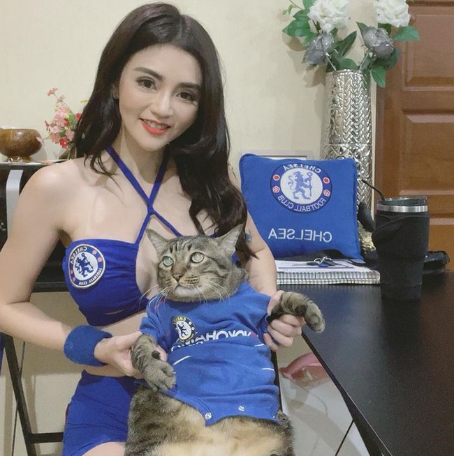 Ladapa pun mendandani kucingnya dengan jersey Chelsea. Foto: dok. Instagram/@cherry_ladapa