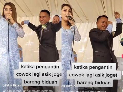 Foto pengantin viral di TikTok, pengantin pria asyik joget bersama biduan langsung dijewer pengantin wanita.