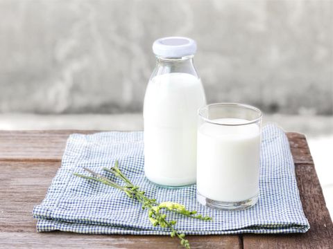 glass of milk and bottle of milk on the wood table. with copy space for text.