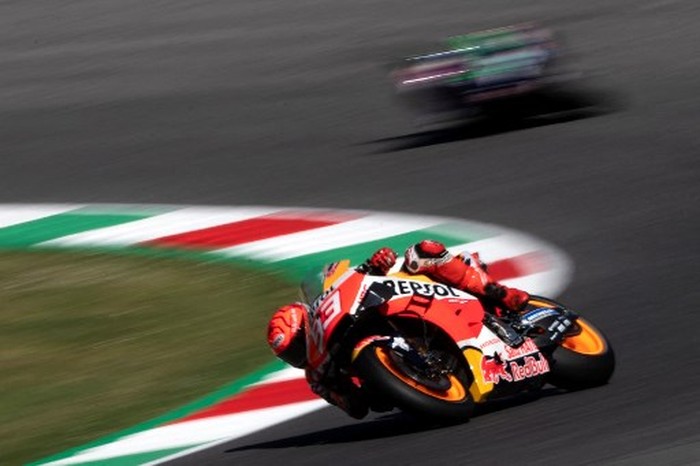 Repsol Honda Teams Spanish rider Marc Marquez rides during the warm up session for the Italian Moto GP Grand Prix at the Mugello race track in Scarperia e San Piero on May 30, 2021. (Photo by Tiziana FABI / AFP)