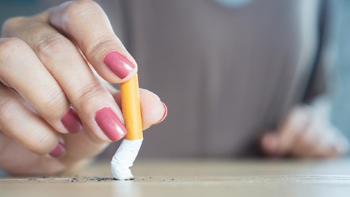 closeup woman hand destroying cigarette stop smoking concept