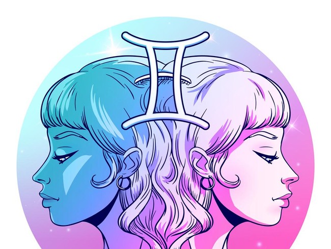 Gemini zodiac sign artwork, beautiful girl face, horoscope symbol, star sign, vector illustration
