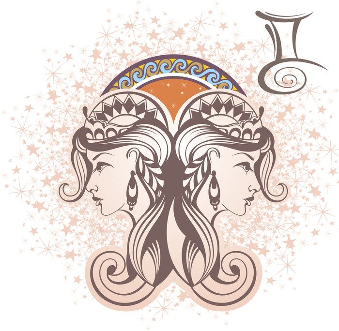 Gemini zodiac sign artwork, beautiful girl face, horoscope symbol, star sign, vector illustration