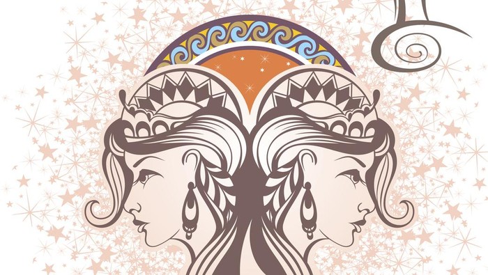 Gemini zodiac sign artwork, beautiful girl face, horoscope symbol, star sign, vector illustration