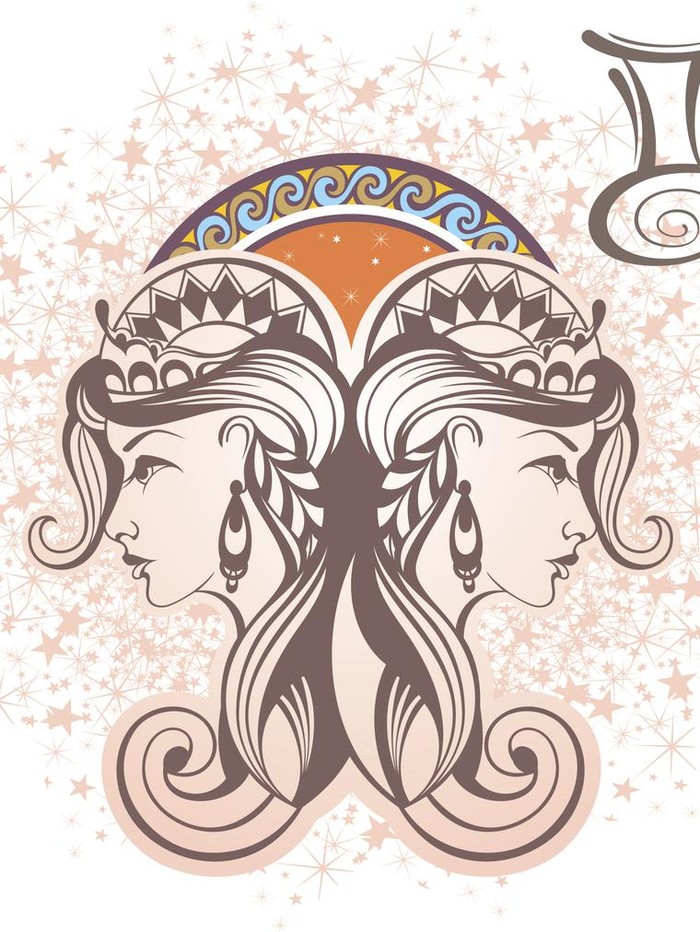 Gemini zodiac sign artwork, beautiful girl face, horoscope symbol, star sign, vector illustration