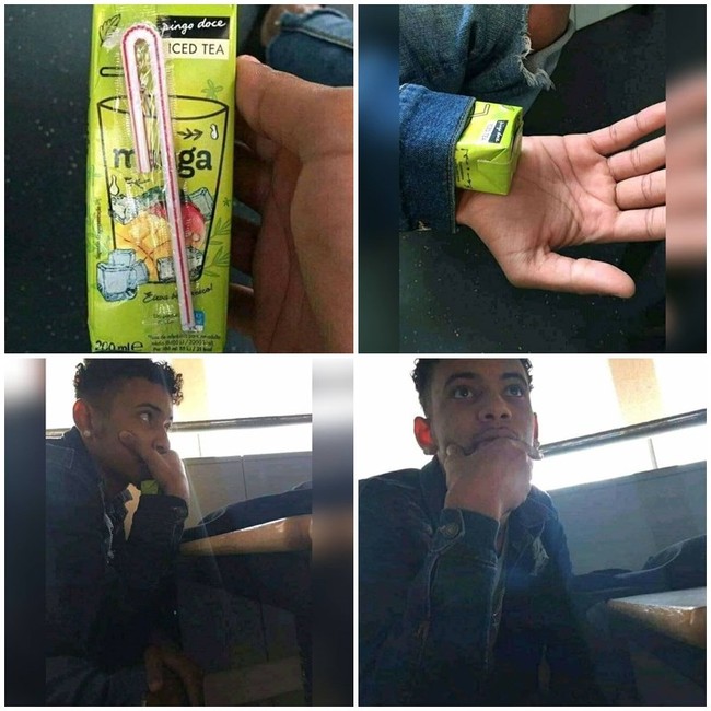 Kelihatannya sih kayak lagi mikir serius, tapi kenyataannya ternyata lagi ngumpet-ngumpet minum jus. Benar-benar menipu nih.. Foto: Instagram/@wkwkland_real-