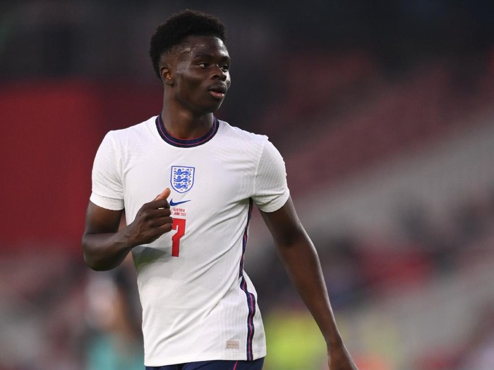 MIDDLESBROUGH, ENGLAND - JUNE 02: England player Bukayo Saka in action during the international friendly match between England and Austria at Riverside Stadium on June 02, 2021 in Middlesbrough, England. (Photo by Stu Forster/Getty Images)