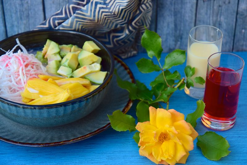 Es Teler is a fruit cocktail from Indonesia. Avocado, coconut meat and jackfruit served with coconut milk, sweetened condensed milk and syrup