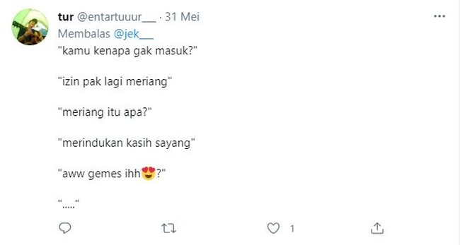 Meriang ternyata ada kepanjangannya yaa.. Tapi kalau meriangnya karena merindukan kasih sayang sih harusnya nggak perlu sampai izin cuti nih.. Foto: Twitter/@entartuuur