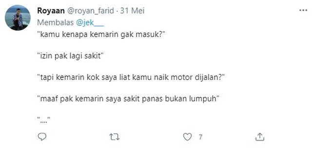 Yang namanya sakit memang bukan berarti nggak bisa bergerak sama sekali sih. Tapi karena kepergok sama si bos lagi naik motor di jalan jadi dipertanyakan deh sakitnya benar atau bohongan. Foto: Twitter/@royan_farid