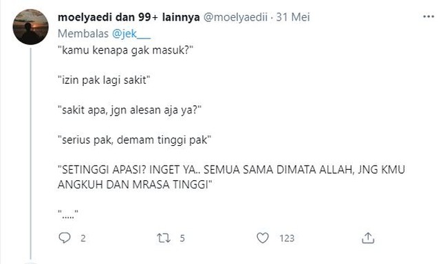 Jawaban dari bos yang satu ini endingnya sungguh tak terduga. Malah jadi diceramahin. Bikin bengek sampai besok deh.. Foto: Twitter/@moelyedii