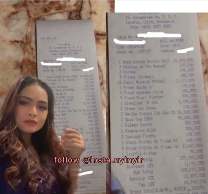 Viral! Wanita Pamer Bon Makan Malam di Bar Habis Rp 164 Juta Sekali Makan