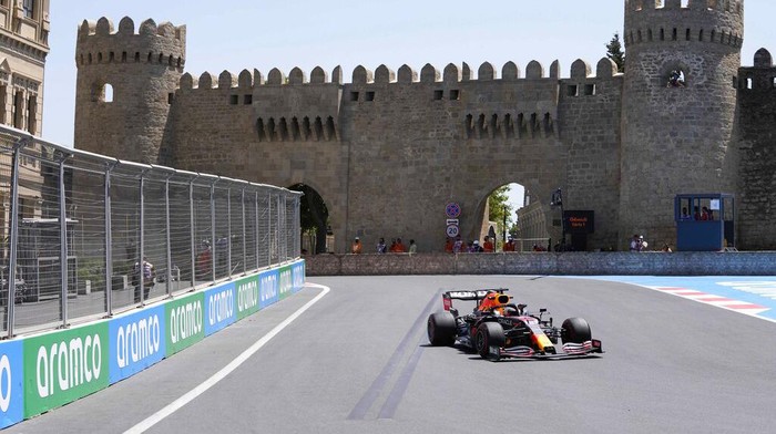 Red Bull driver Max Verstappen of the Netherlands steers his car during the first free practice at the Baku Formula One city circuit, in Baku, Azerbaijan, Friday, June 4, 2021. The Formula one race will be held on Sunday. (AP Photo/Darko Vojinovic)
