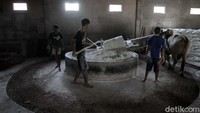 Tiga orang pekerja mengaduk adonan mie dengan bantuan Sapi di pabrik mie Lethek Cap Garuda, Srandakan, Bantul, Yogyakarta.