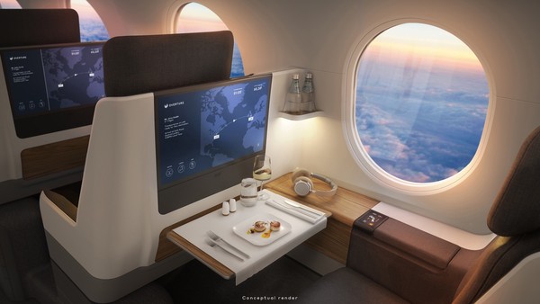 Jika maskapai dapat merealisasikan rencananya, ini akan menjadi penerbangan supersonik komersial pertama sejak larangan terbang pesawat Concorde pada tahun 2003. Kabin lega di pesawat supersonik United Airlines. Jika maskapai dapat merealisasikan rencananya, ini akan menjadi penerbangan supersonik komersial pertama sejak larangan terbang pesawat Concorde pada tahun 2003. Kabin lega di pesawat supersonik United Airlines.