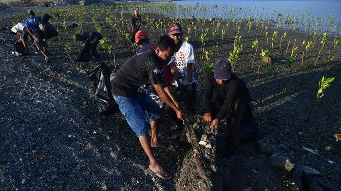 AKSI GOTONG ROYONG BERSIHKAN PANTAI Warga memungut sampah saat aksi gotong royong membersihkan Pantai Dupa Indah di Palu, Sulawesi Tengah, Sabtu (5/6/2021). Aksi gotong royong membersihkan pantai oleh masyarakat tersebut sebagai bentuk kepedulian terhadap kelestarian lingkungan dan dalam rangka memperingati Hari Lingkungan Hidup Sedunia. ANTARA FOTO/Mohamad Hamzah/rwa.