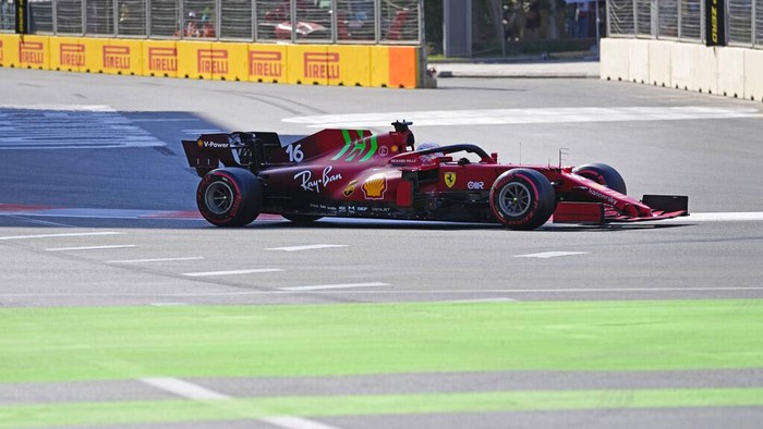 Ferrari driver Charles Leclerc of Monaco steers his car during the qualifying session at the Baku Formula One city circuit in Baku, Azerbaijan, Saturday, June 5, 2021. The Azerbaijan Formula One Grand Prix will take place on Sunday. (AP Photo/Darko Vojinovic)