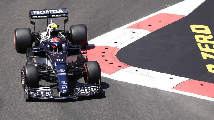 AlphaTauri driver Pierre Gasly of France steers his car during the third free practice session at the Baku Formula One city circuit in Baku, Azerbaijan, Saturday, June 5, 2021. The Azerbaijan Formula One Grand Prix will take place on Sunday. (AP Photo/Darko Vojinovic)