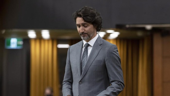 Canadian Prime Minister Justin Trudeau speaks during a debate about the discovery of remains of 215 children at the site of the Kamloops Indian Residential School, in the House of Commons, in Ottawa, Ontario, Tuesday, June 1, 2021. (Adrian Wyld/The Canadian Press via AP)