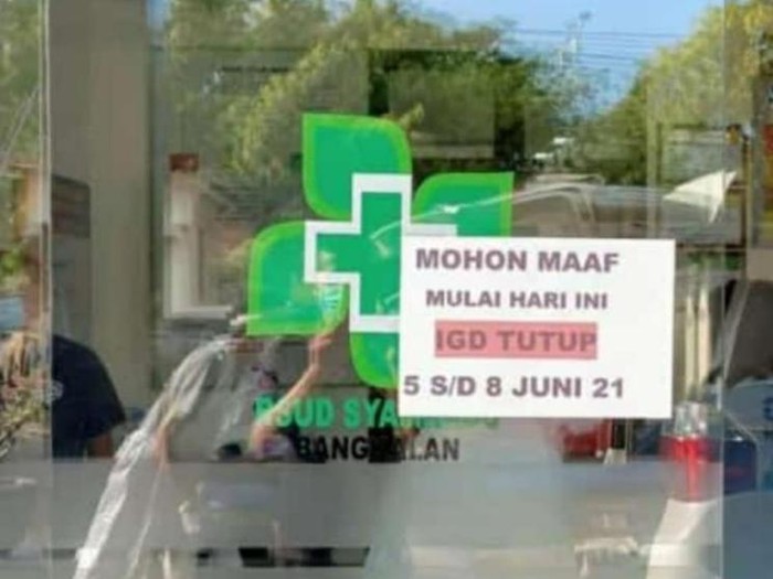 RSUD Syarifah Ambami Rato Ebu memohon izin kepada Bupati Bangkalan untuk menutup IGD selama 3 hari. Permohonan itu tertuang dalam sepucuk surat yang beredar.