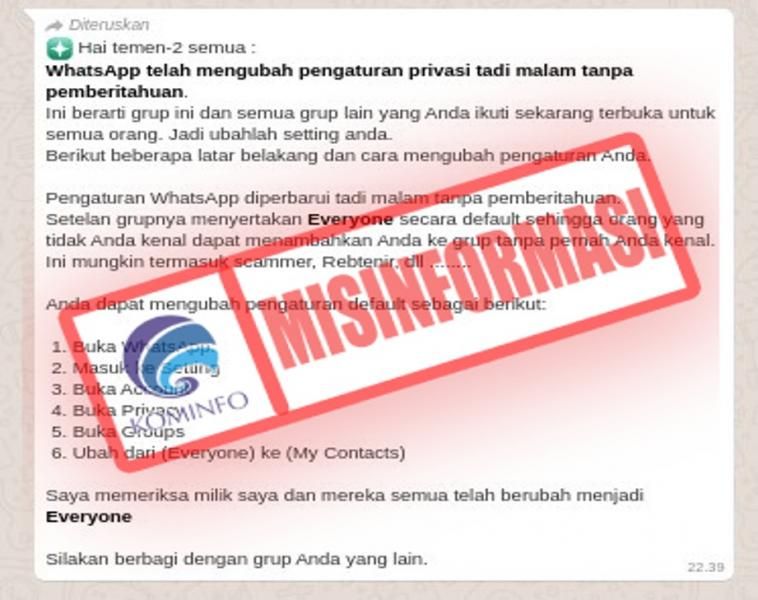 Kominfo menyebutkan WhatsApp mengubah peraturan privasi tanpa pemberitahuan pengguna adalah misinformasi.
