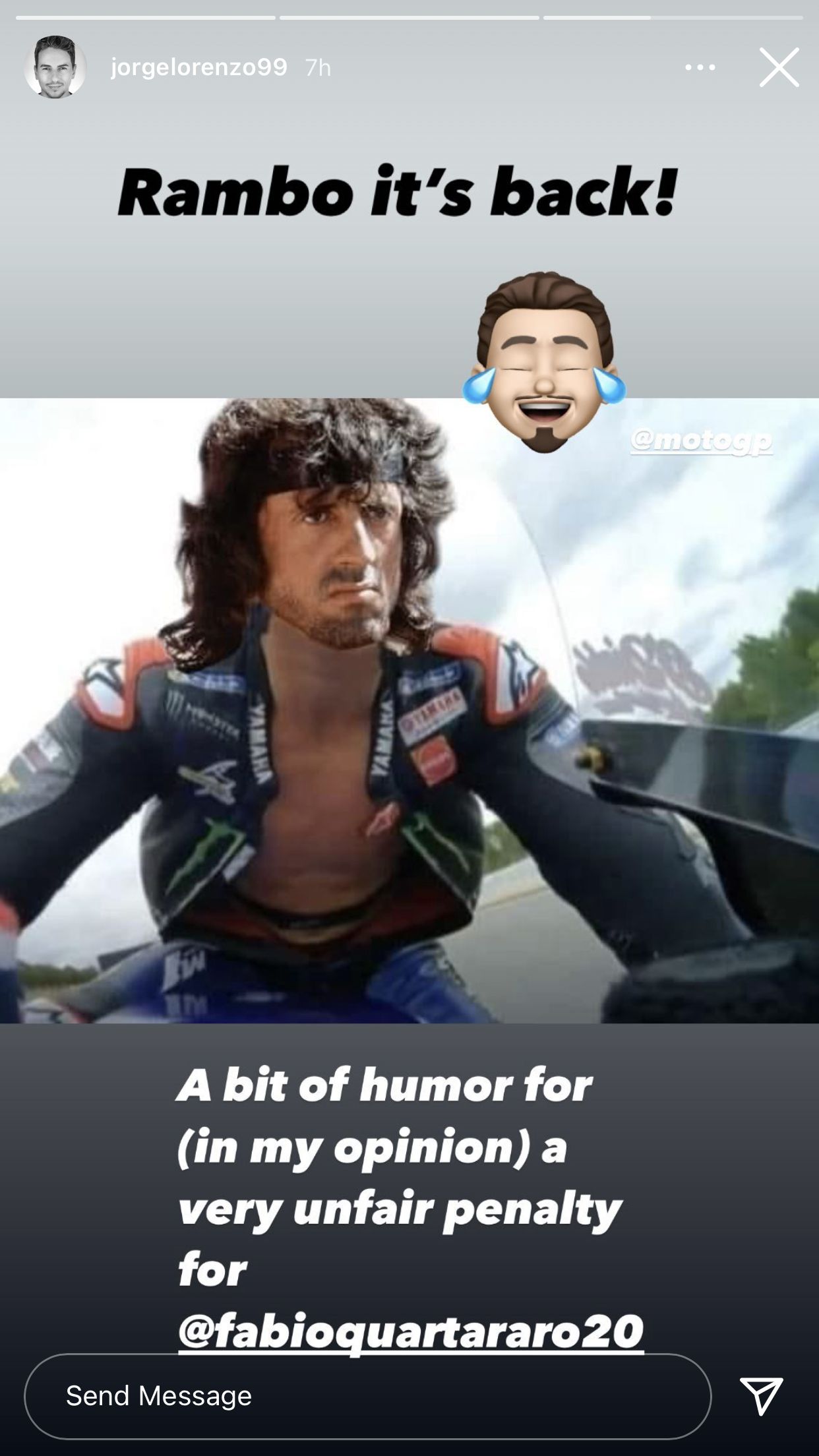 Loreno Mengunggah Meme Quartararo 'Rambo' Di Unggahan Instagram Stories-nya