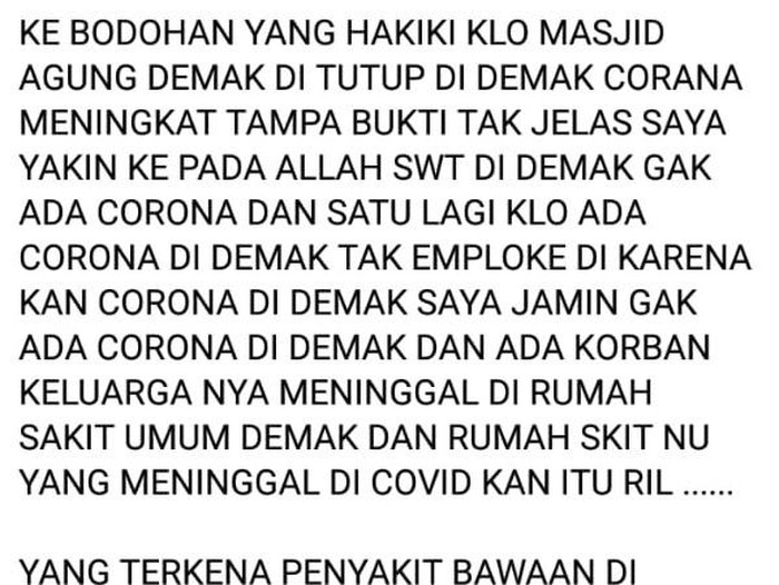 Postingan warga di Demak yang viral ingin makan Corona.