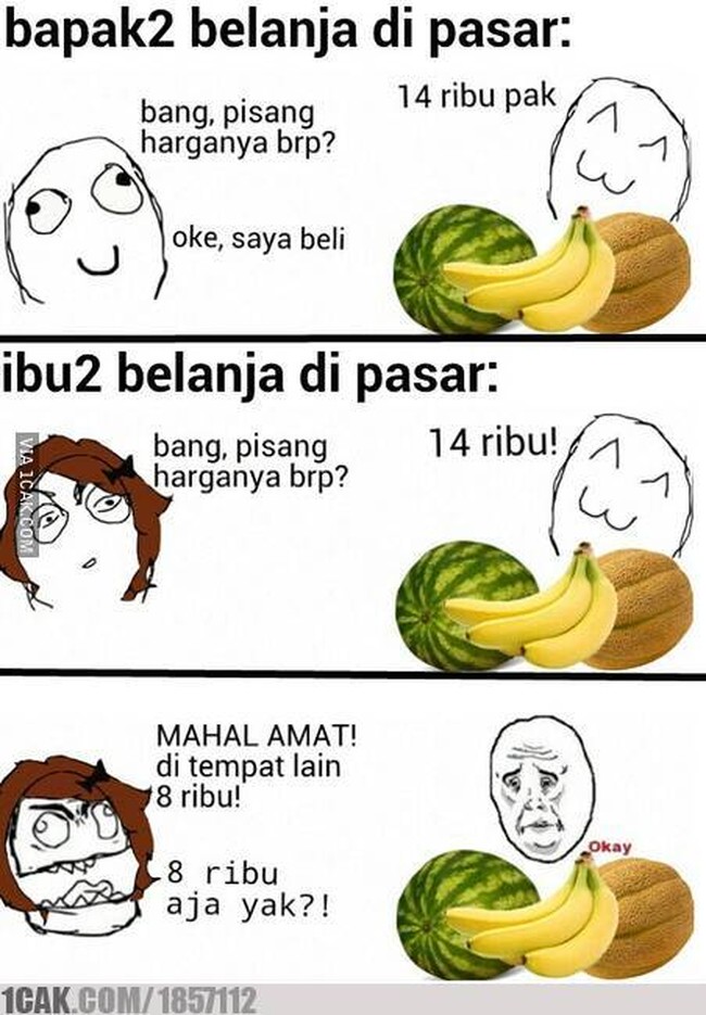 Beda cara bapak-bapak dan ibu-ibu kalau belanja di pasar. Kalau bapak-bapak biasanya nggak pakai acara nawar sadis kayak ibu-ibu nih.. Foto: 1cak.com