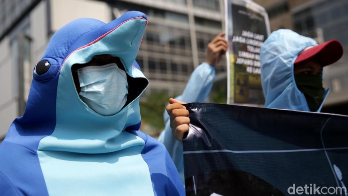 'Hiu' hingga 'Lumba-lumba' Geruduk Kedubes Jepang, Ada Apa? Aksi menolak pembuangan limbah nuklir Fukushima ke Samudera Pasifik juga digelar di Jakarta. Dalam aksi itu, sejumlah aktivis tampak kenakan kostum biota laut.