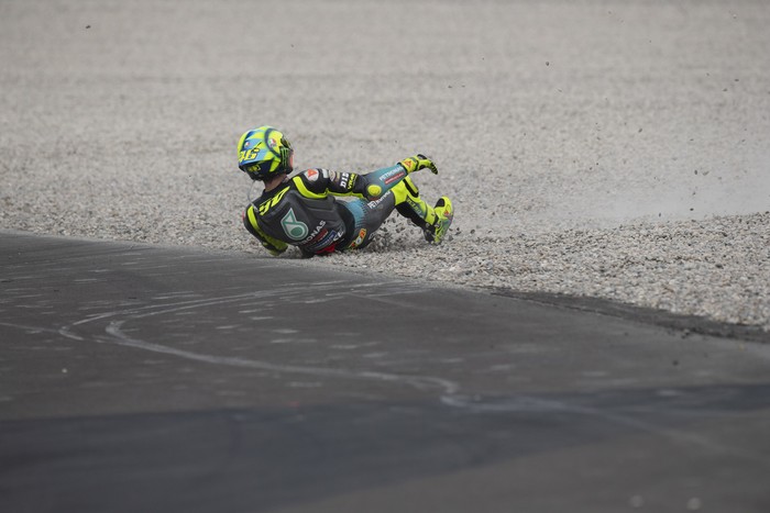 BARCELONA, SPAIN - JUNE 06: Valentino Rossi of Italy and Petronas Yamaha SRT crashed out during the MotoGP race during the MotoGP of Catalunya - Race at Circuit de Barcelona-Catalunya on June 06, 2021 in Barcelona, Spain. (Photo by Mirco Lazzari gp/Getty Images)
