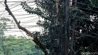 Jaringan kabel tampak semrawut di Jalan Raya Serpong, Tangerang Selatan, Banten, Rabu (9/6/2021).