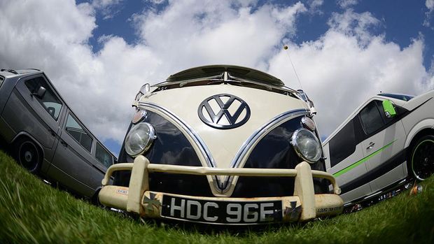LEEDS,YORKSHIRE - AUGUST 18: A VW campervan on display during the In Praise Of All Things VW At The Annual Festiva at Harewood Housel on August 18, 2013 in Leeds, Yorkshire. The annual VW festival in its 9th year attracts around 15,000 people over the weekend, ending with the winners car parade on Sunday.  (Photo by Nigel Roddis/Getty Images)