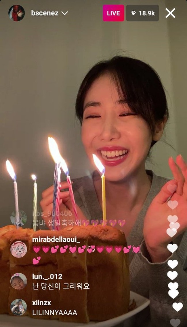 SinB GFRIEND merayakan ulang tahunnya lewat live Instagram, Senin (3/6/2021). Tampak tiga personel GFRIEND membanjiri kolom komentar dengan ucapan. Ada Yerin (@every__nn), Eunha (@rlo.ldl), hingga Yuju (@yuuzth). Foto: dok. Instagram bscenez