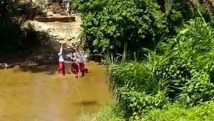 Murid SD di Riau nyeberang sungai bak flying fox
