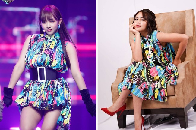 Amanda Manopo mengenakan baju serupa dengan idol KPop asal Indonesia, Dita Karang. Dress yang dikenakan bintang Ikatan Cinta dan personel Secret Number itu adalah ‘Pleated Dress with Paris Print by Night’ keluaran Balenciaga. Foto: dok Mnet, dok Instagram