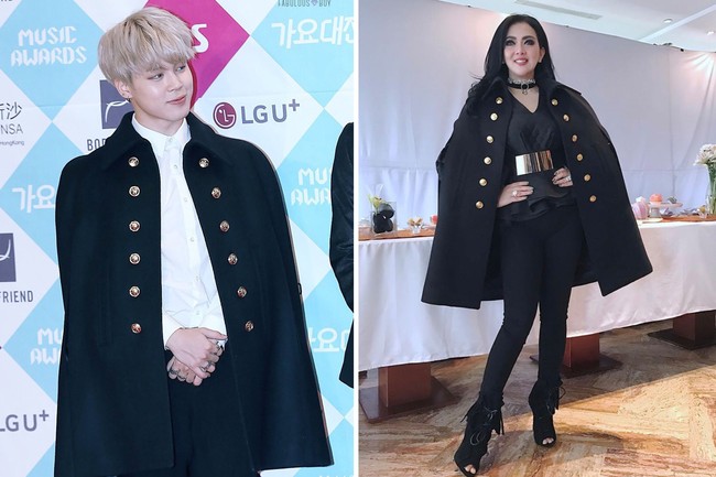 Postingan Syahrini sempat dikerumuni ARMY (sebutan penggemar BTS) yang mengenali cape coat miliknya. Ia dan Jimin BTS sama-sama mengenakan koleksi Saint Laurent, yang dikenakan sang idol KPop saat menghadiri acara award pada 2016 silam. Foto: dok theqoo, dok Instagram princessyahrini