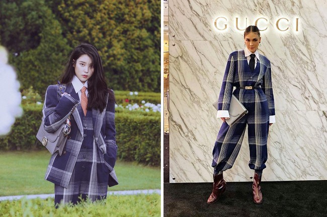 Luna Maya pernah tampil dengan look serupa seperti IU. Saat menghadiri open store Gucci di Plaza Senayan, Luna mengenakan setelan model jumpsuit. Sementara, IU mengenakan setelan yang lengkap dengan vest untuk pemotretan bersama Dazed. Foto: dok Dior, dok Instagram lunamaya
