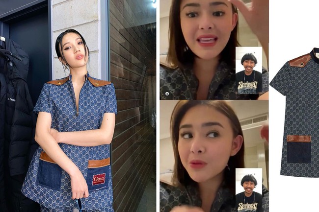 Amanda Manopo lagi-lagi mengenakan baju kembaran dengan artis Korea. Penggemar melihatnya mengenakan dress keluaran Gucci ‘Eco Washed Organic Denim’ seperti Joy Red Velvet yang bernilai 1,500 pound sterling atau sekitar Rp 30,1 juta. Foto: dok Instagram _imyour_joy_, dok Instagram fashionamandamanopo